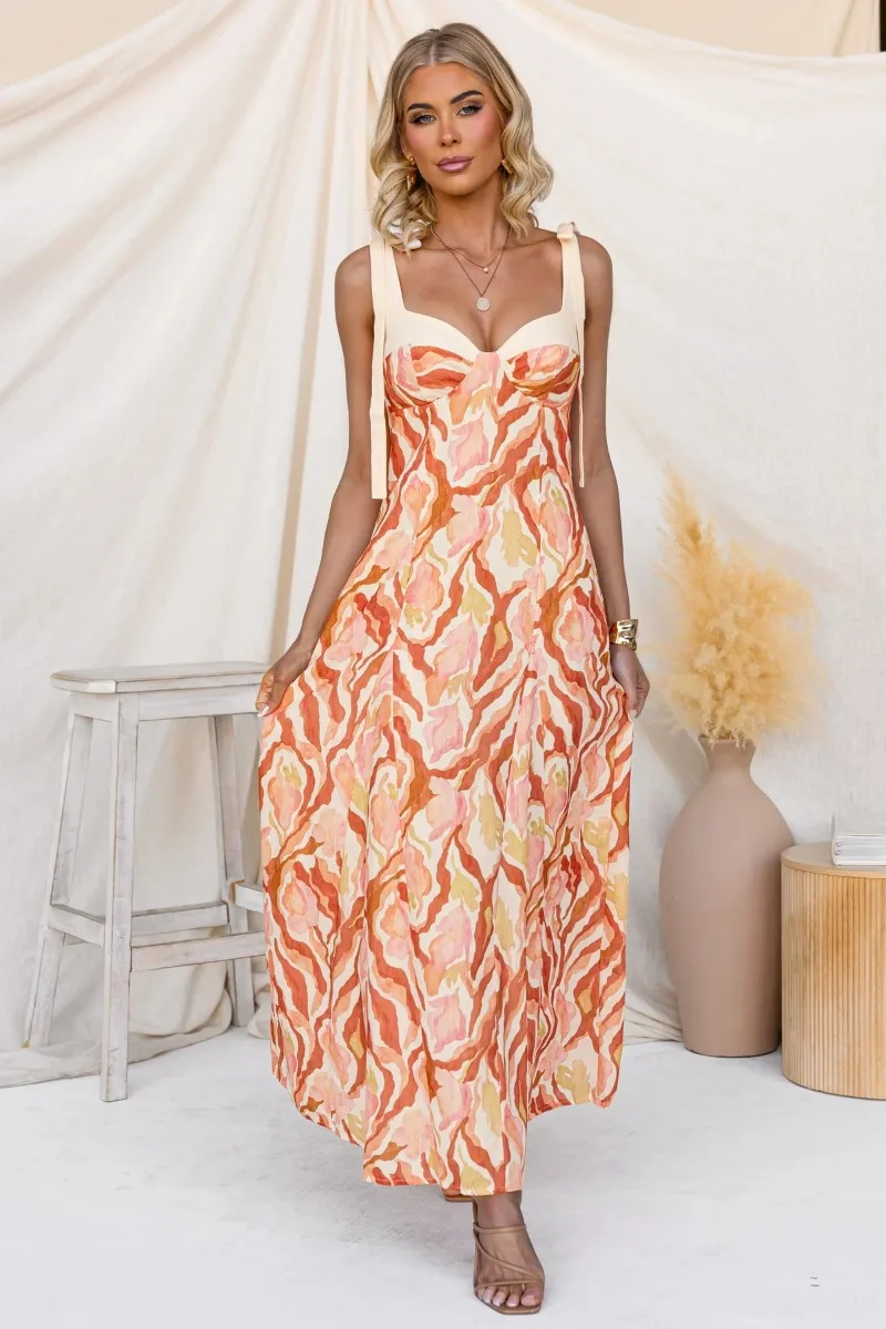 Damen Boho-Print Midi-Maxikleid mit Spaghettiträgern, integrierten Cups, schmaler Taille, fließendem Saum und weitem Schwung – Sommer-Urlaub Strand Langes Sommerkleid – Detail 5