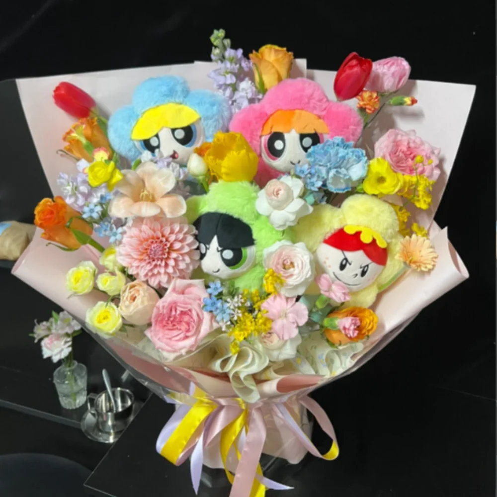 

Hugkis The Powerpuff Girls Bouquet Doll Flower Kawaii Ornaments Valentine Cute Animation Periphery Decorate Girl Friend Gift