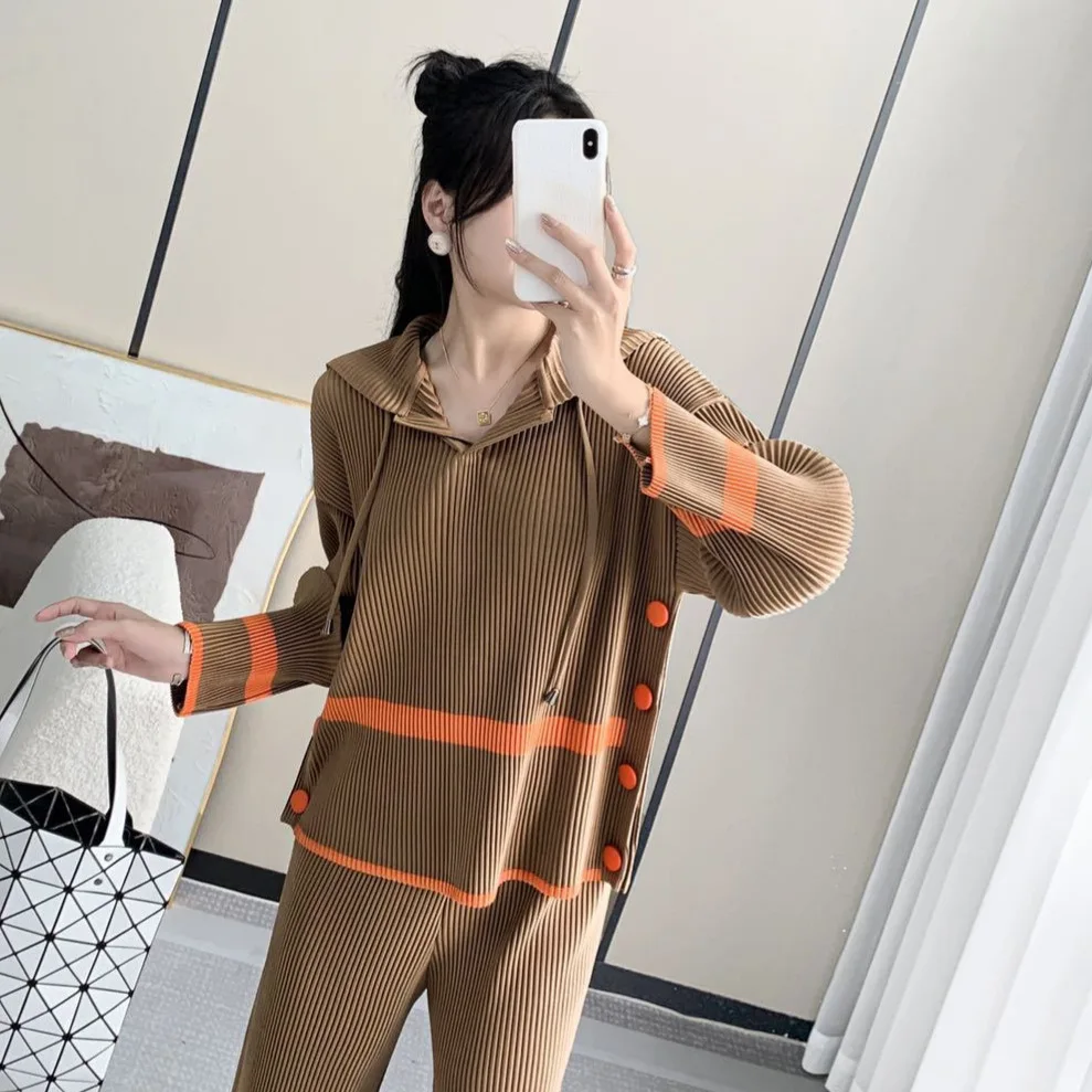 Pleats Pleated Sweater Hoodie Casual Color Clashing Striped Long Sleeve Sweater Top Early Fall New V-neck Loose Jacket