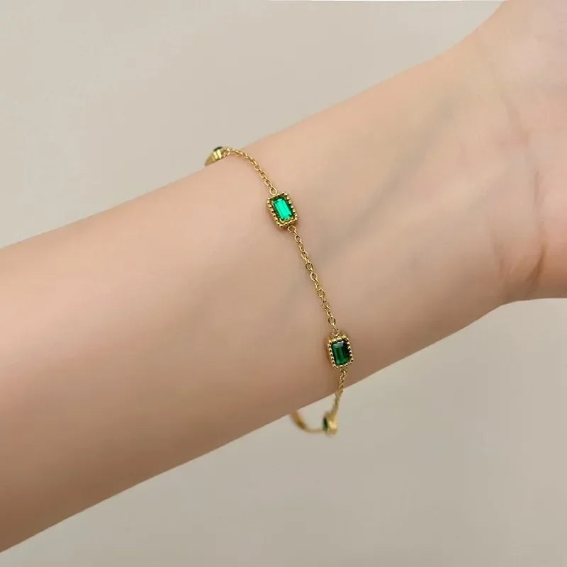 Stainless Steel Temperament Gold Color Emerald Zircon Pendant Necklack Rings for Women Classic Bracelet Jewelry Set Colorfast