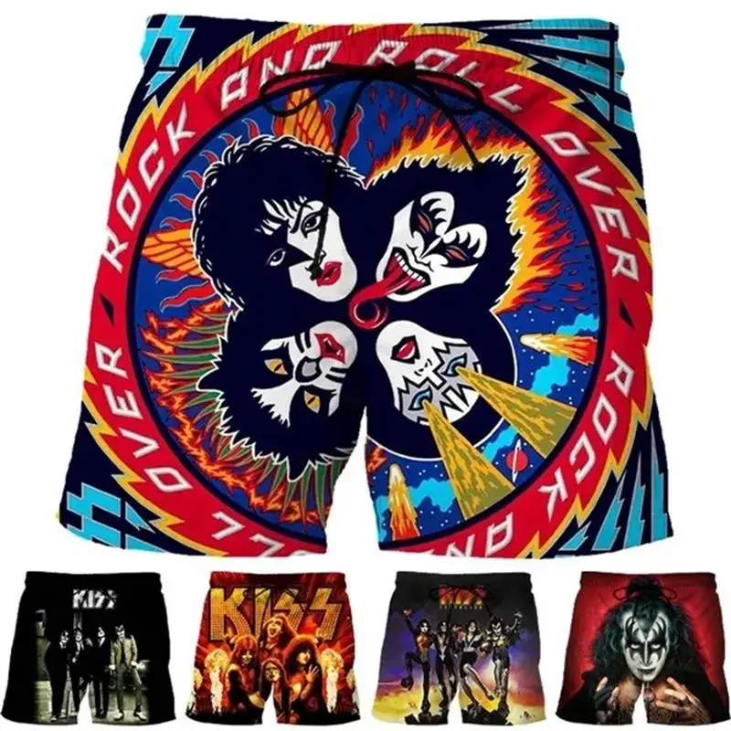 Hard Rock KISS Band Love Gun Beach Shorts Men Cool 3D Heavy Metal Board Shorts Swimsuit homme 2023 Swim Trunks Hip Hop Ice Short