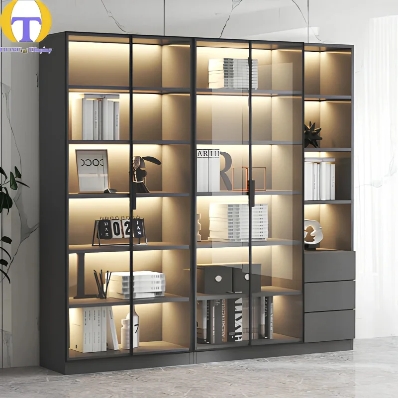 custom.Freestanding Full Wall Modern Book Cabinet LED Lighting Waterproof Eco-Friendly Heavy Duty Tempered Glass Step Shelf Disp