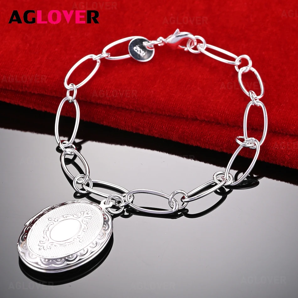 

AGLOVER 925 Sterling Silver Oval Frame Pendant Bracelet Woman Charm Fashion Wedding Jewelry