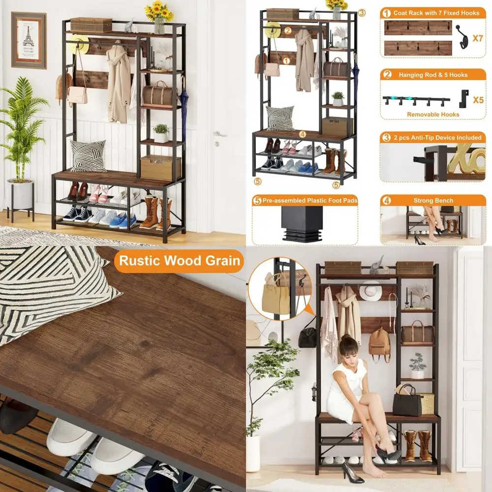 

Multi-Functional Rustic Wood and Metal Hall Tree with Shoe Storage and Coat Hooks for Entryway