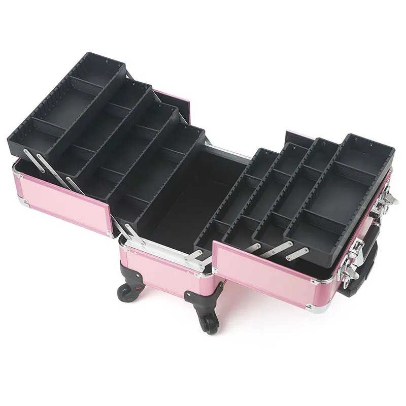 Aluminium Trolley Make-Up Doos Met Grote Capaciteit Draagbare Textuur Gereedschapskist Semi-Color Professionele Trolley Cosmetische Koffer