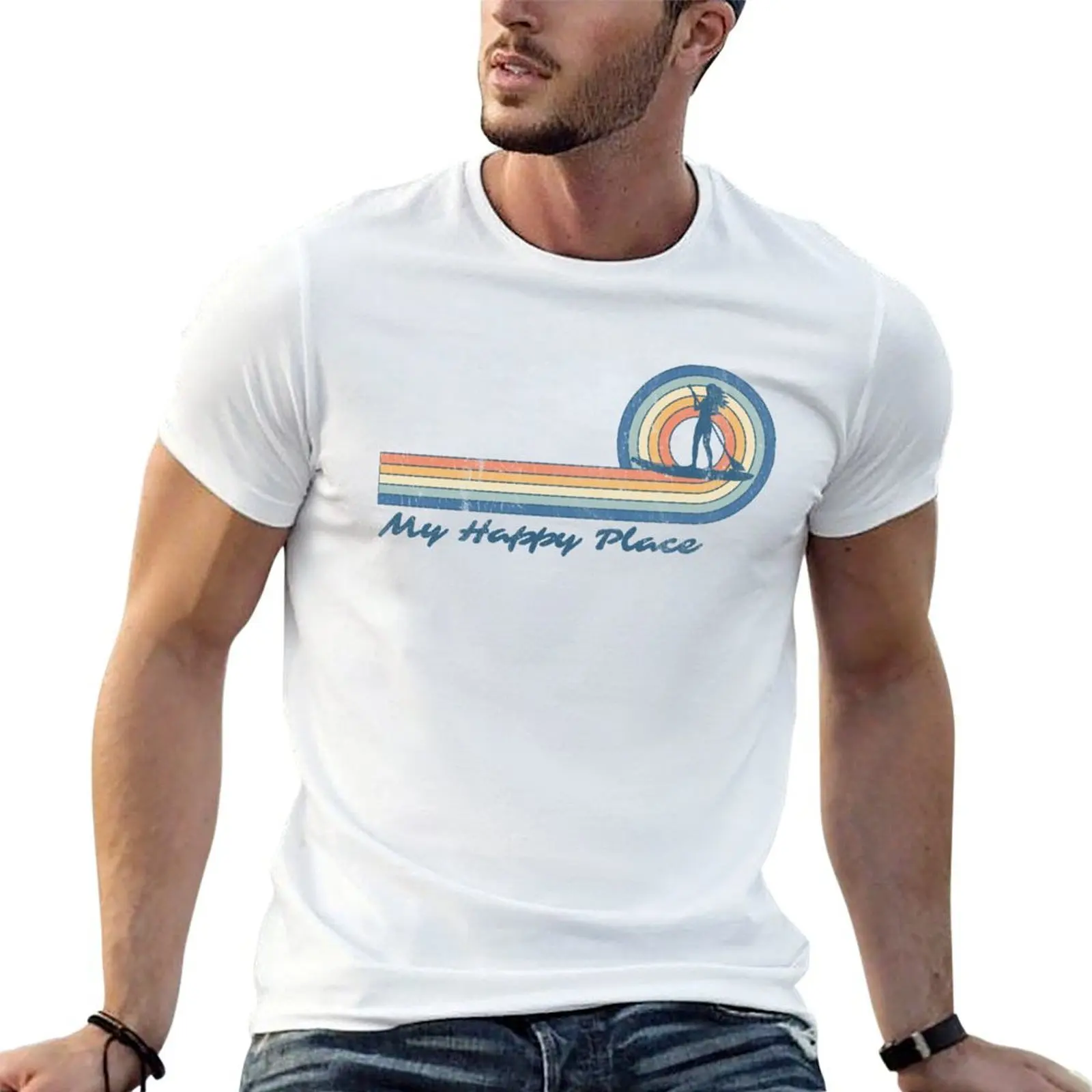 Stand Up Paddleboarding My Happy Place SUP Sunset T-Shirt t shirt for man 100 percent cotton mens graphic t shirts T-Shirt