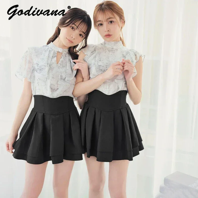 

Japanese Black Mini Skirts Women 2024 Spring Summer Radian Waistline Slim Short Pleated Skirt High Waist Female Skirt Culottes