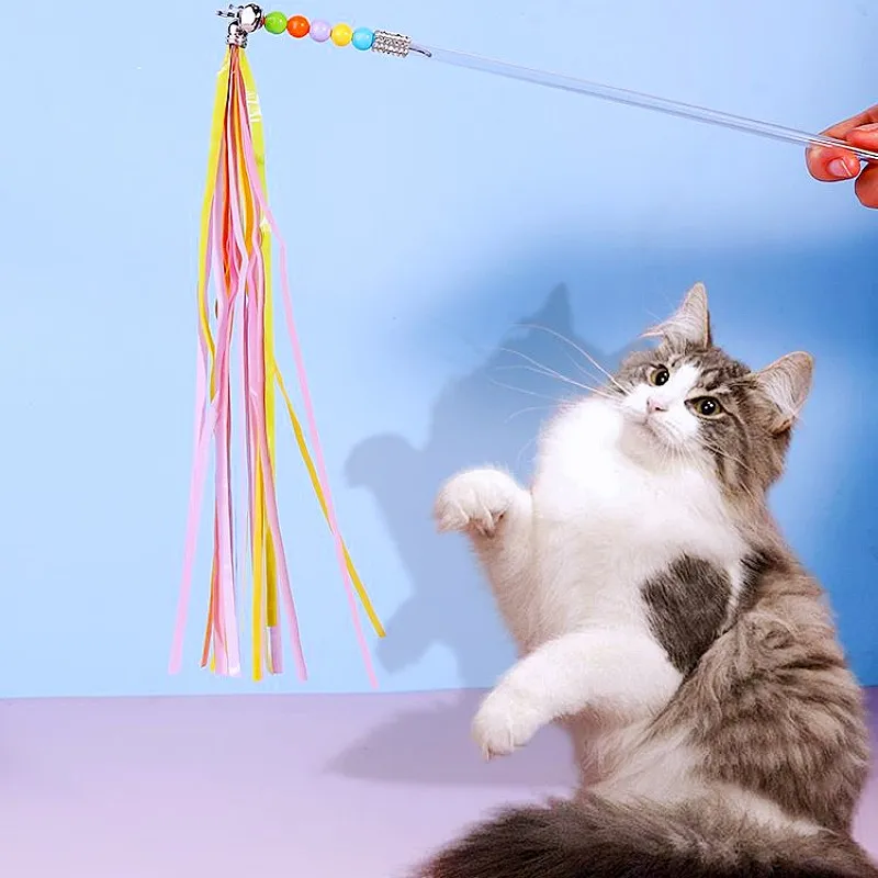 

Cat Toy Rainbow Tassel Cats Teaser Stick Cat Toys Interactive Long Handle Kitten Toys Bite-resistant Teaser Cats Toy with Bell