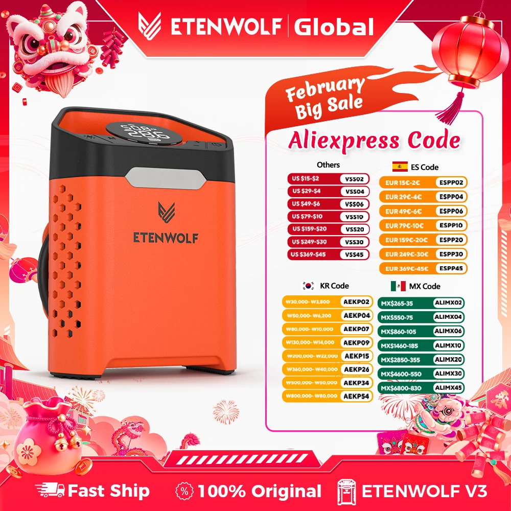 

ETENWOLF ZEPHYR V3 Портативный автомобильный компрессор 160 фунтов на квадратный дюйм 100% рабочий цикл автомобильный насос для шин 7800 мАч для автомобилей, мотоциклов, велосипедов (новый)