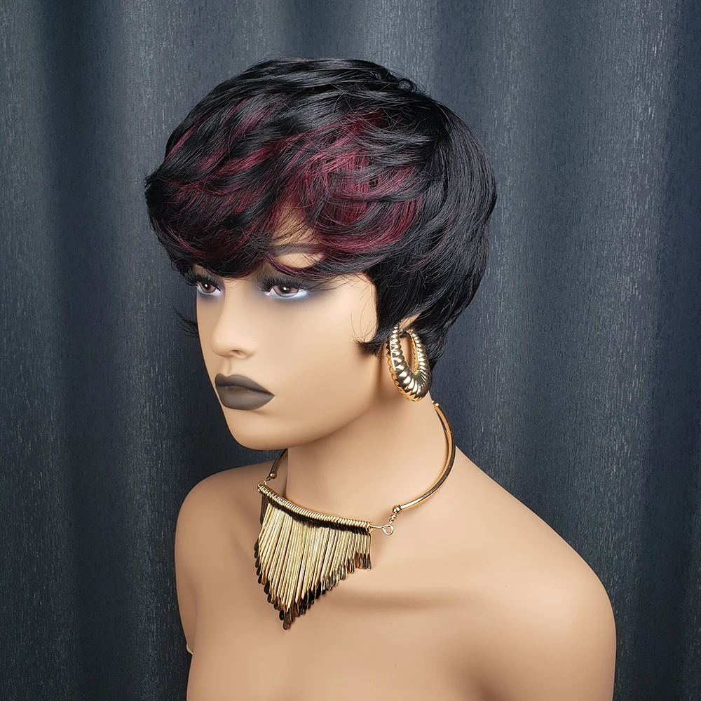 숏 픽시컷 가발 100% 인모 여성용 버건디 블랙 앞머리 있는 브라질리언 헤어 머신메이드 프리 플러킹 헤어라인