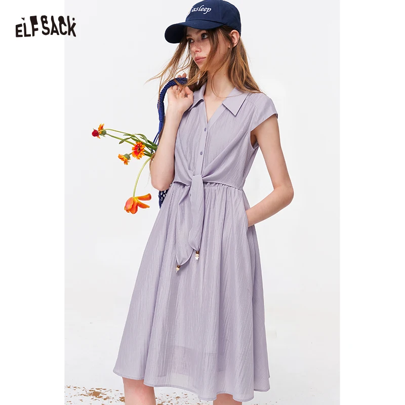 

ELFSACK Women's Collared Sleeveless Midi Dress, Tie Waist Button Down Shirt Dress, Casual Purple Long Summer Dress