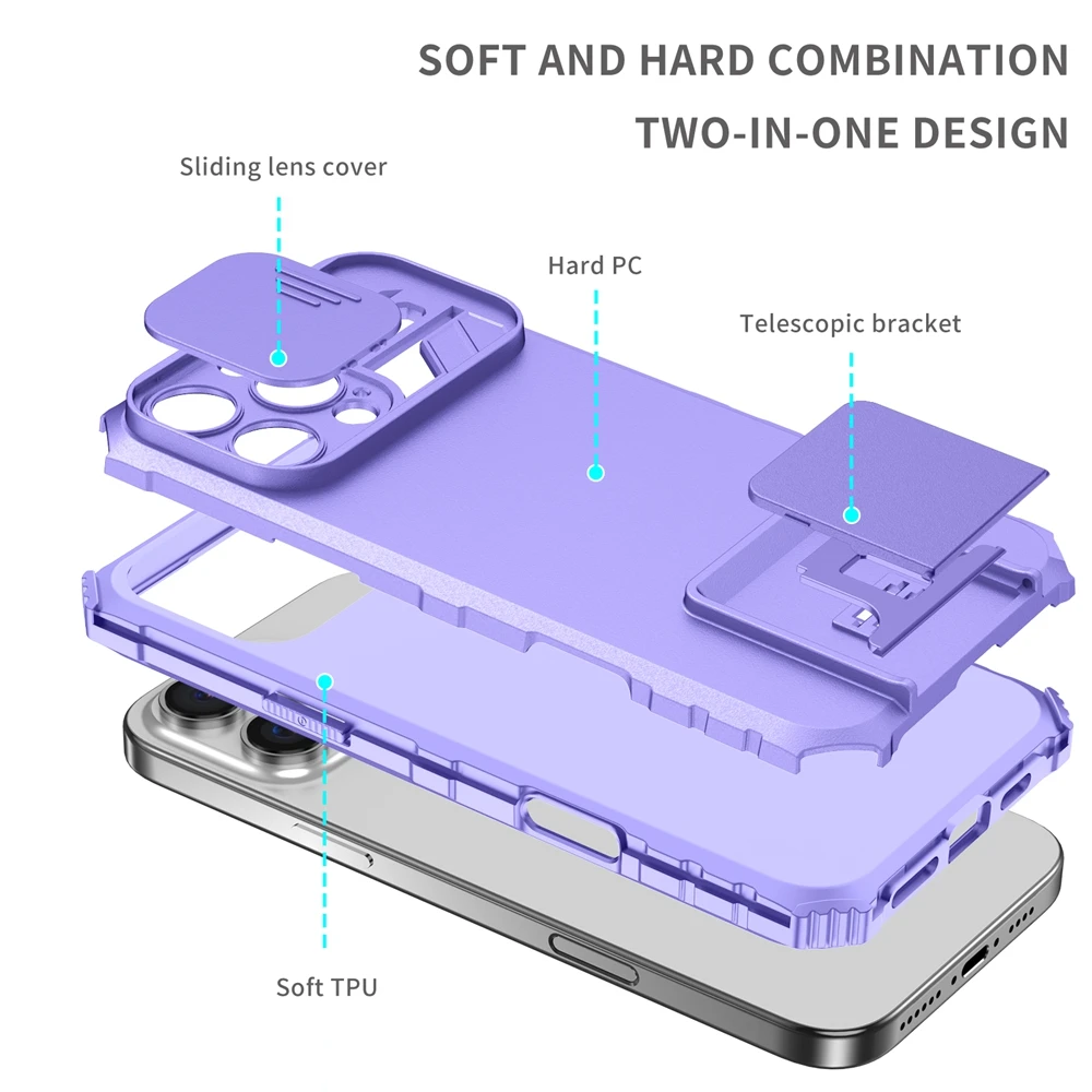 Kamera-Schutz-Schiebehülle für iPhone 17 16 15 14 13 12 11 8 7 Plus Pro X XS XR Max SE – Robuste Kunststoff-Handyhülle mit Halterung – Detail 20