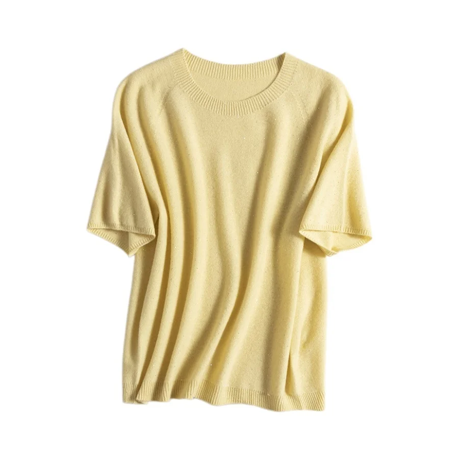 

100% Merino Wool Short Sleeve Sequin Knit Sweater,Spring Summer Women Round Neck Seamless Loose Knitwear