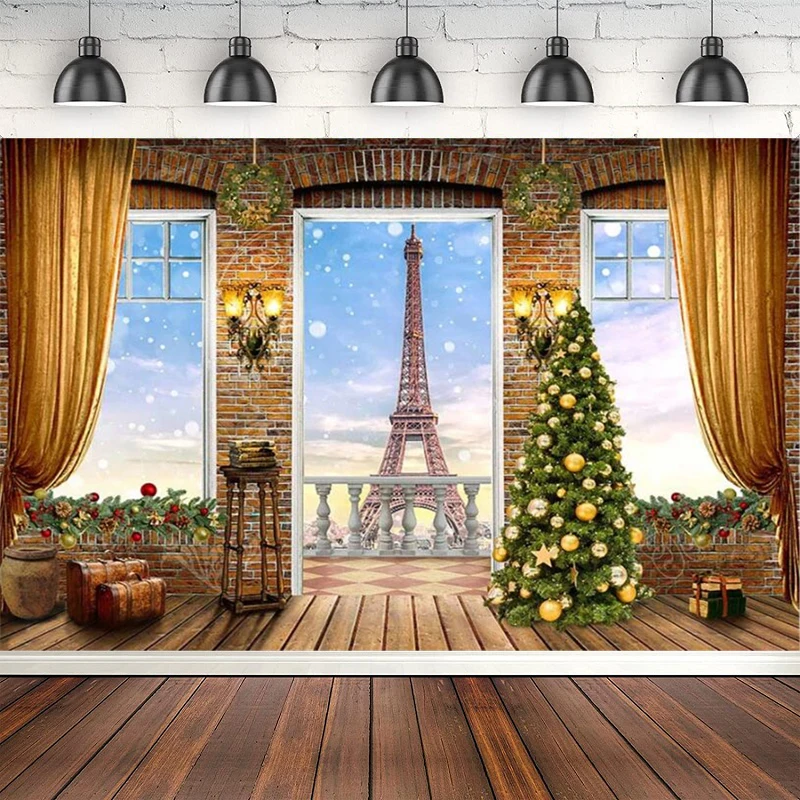 Eiffel Tower Photography Backdrop For Christmas Tree Windows Background Poster For Photo Studio Photocall Glitter Light Banner