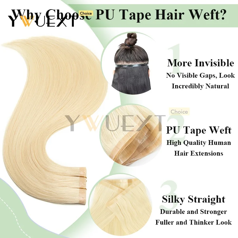 Long PU Flat Weft Seamless Tape Bundles Human Hair 40G-50G Invisible PU Skin Weft Hair Extension Tape On Hair for Women YWUEXT