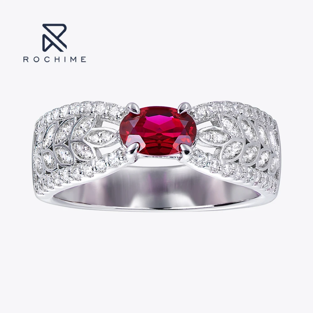 Rochime Luxury Wheat Shape Synthetic Ruby Rings S925 Silver Rhodium Plated Jewelry For Women