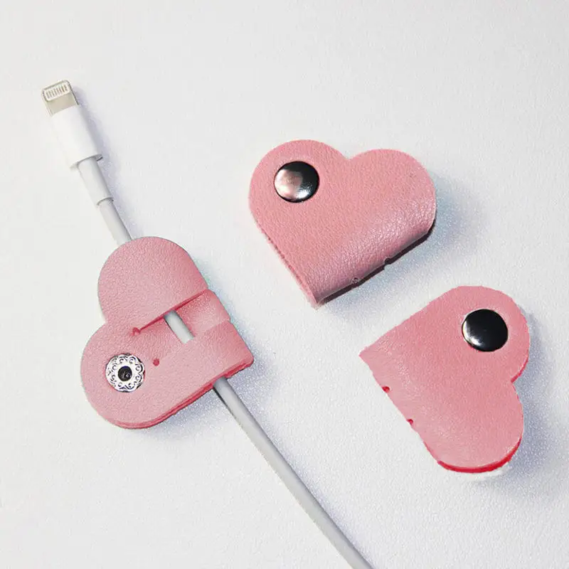 12pcs/pack Leather Heart-shaped Data Cable Storage Device Headphone Cable Storage Winding Device Anti Loss Desktop Organizer