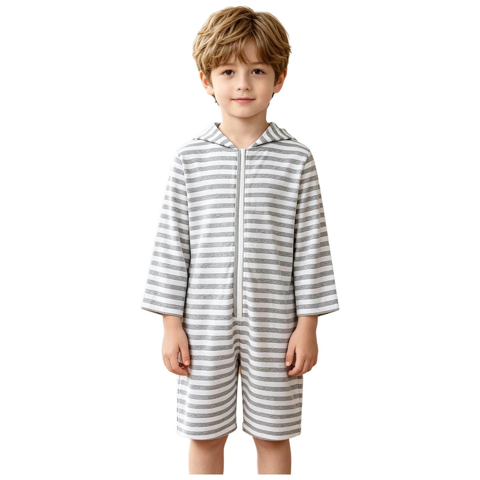 Kids Boys Girls Clothes Striped Hooded Jumpsuit Long Sleeve Zipper Thigh Length Loose Bodysuit Children Causal Daily Homewear