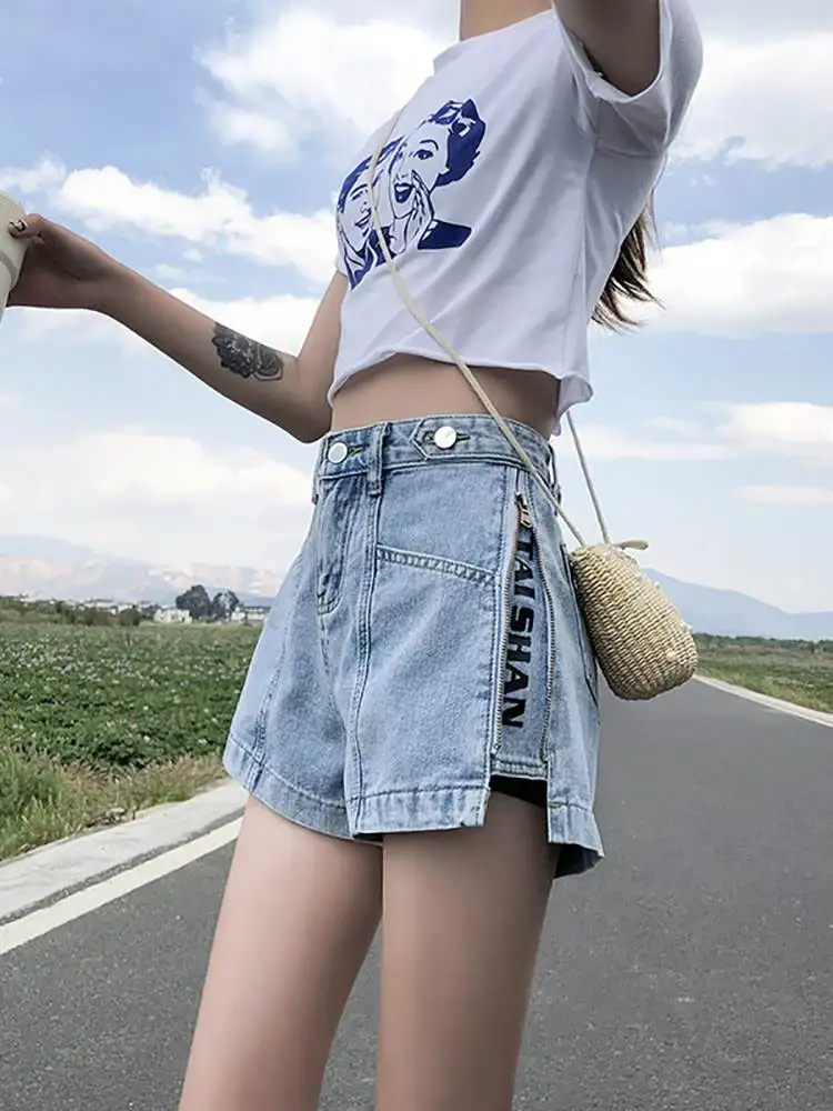 Summer 2023 Women Sexy High Waist Denim Shorts Jeans Pants Ladies Short Wide Leg Jeans Light Wash Casual Fashion
