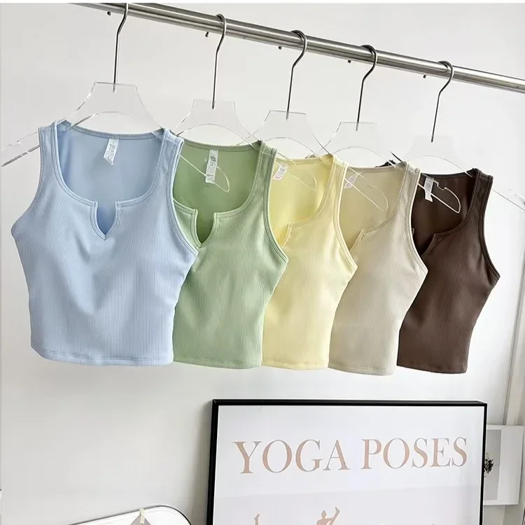 Pure Color Women Ribbed Deep V neck Sports Vest Cropped Tank Top Seamless Medium Support Slim Yoga Shirts Built-in Shelf Bra Top