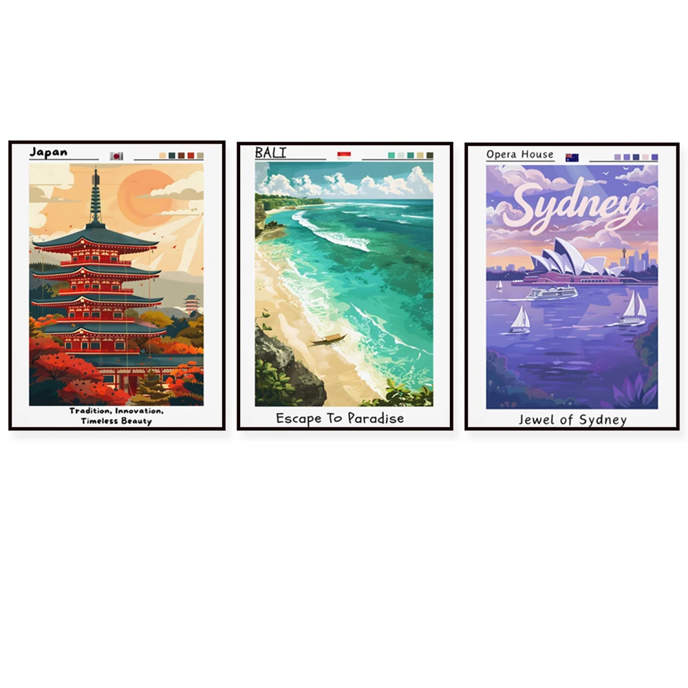 France, Louvre, Raja Ampat, Lyon, Kyoto, Australia, Mount Funji, United Kingdom, Pura Lempuyang, Bali vacation travel posters
