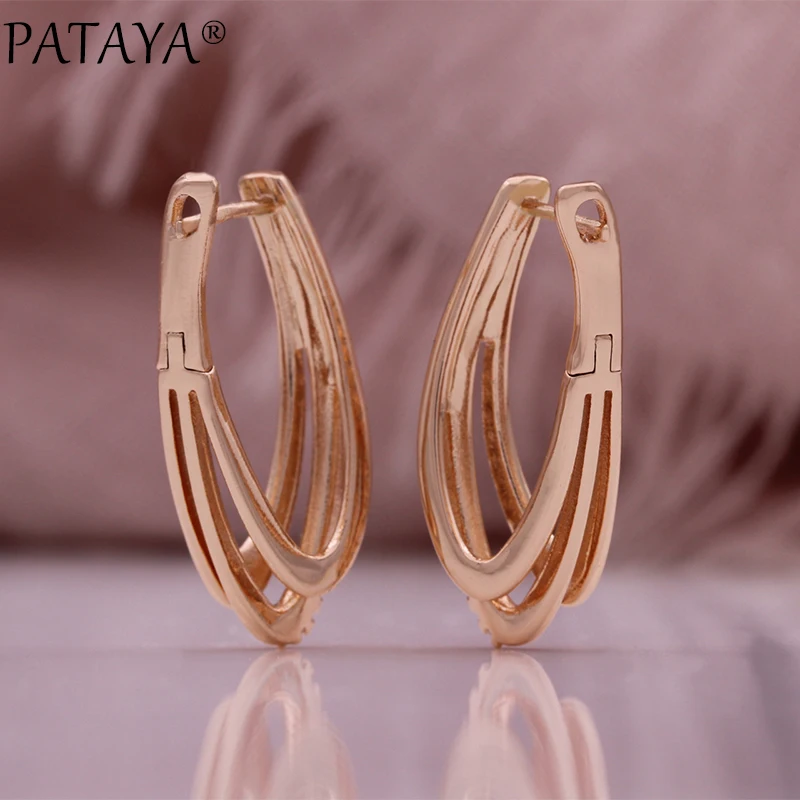 PATAYA Hot 585 Rose Gold Color Earrings For Women Girl Fashion Geometric Natural Zircon Accessories High Quality Daily Jewelry