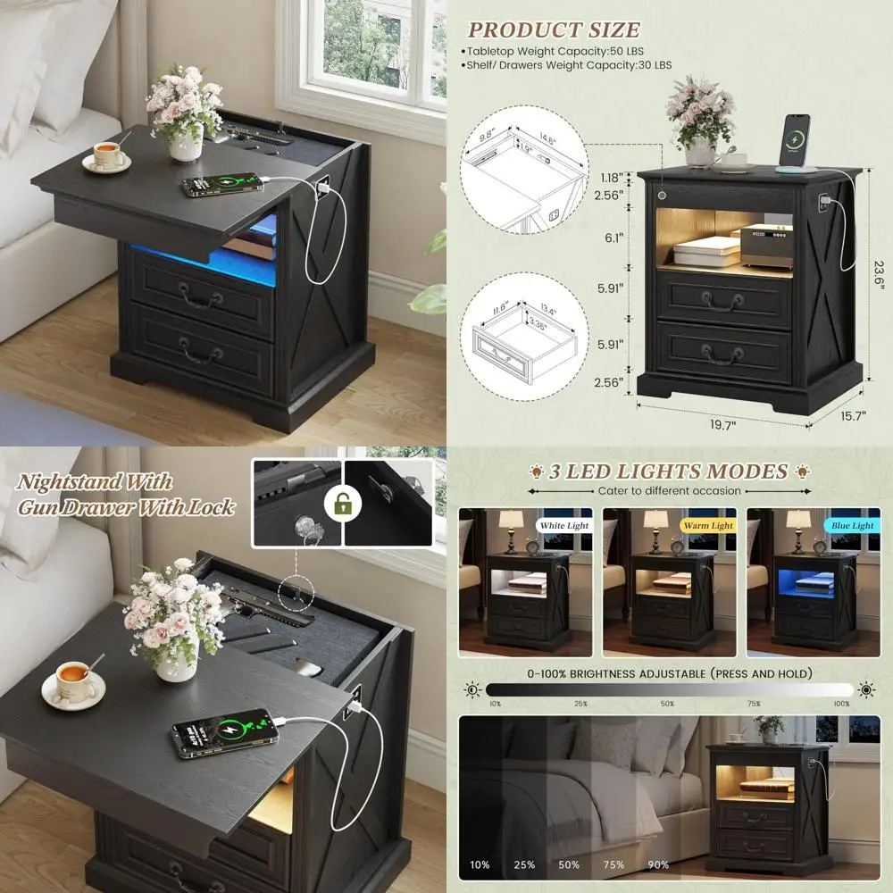 Black Nightstand with Gun Drawer, Bedside Table with Charging Station, Night Stand with LED Light and Human Sensor, End Table wi