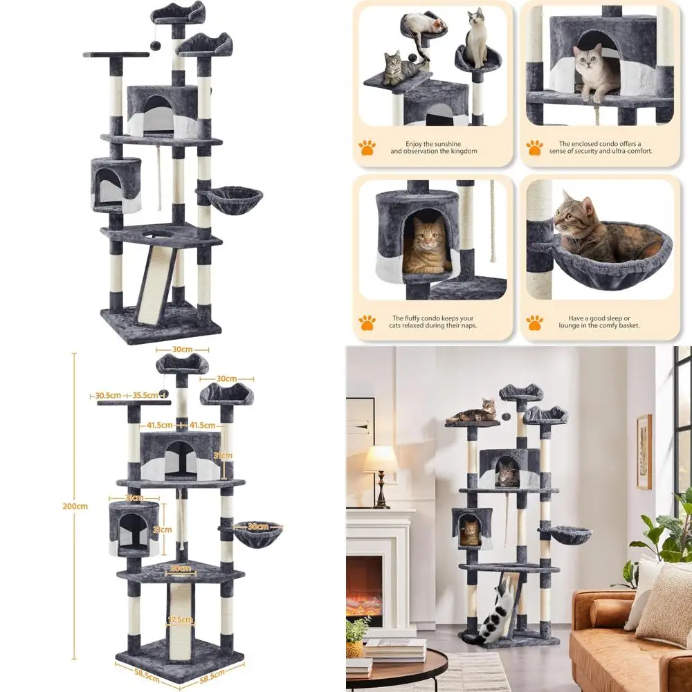

Multi-Level 79-Inch Cat Tower with Sisal Scratching Posts, Plush Perches, and Kitten Condo for Indoor Play and Rest