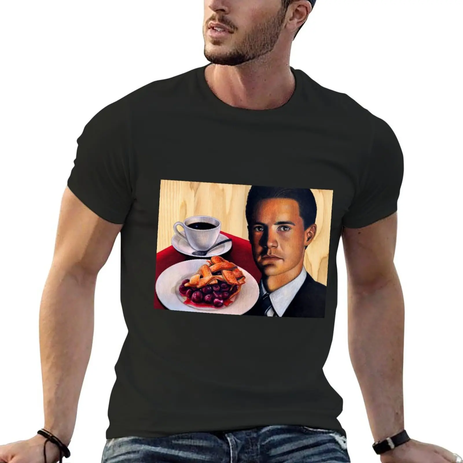 Twin Peaks -- Agent Cooper with a Damn Good Cup of Coffee and A Slice of Cherry Pie T-Shirt shirts graphic Men's t-shirts