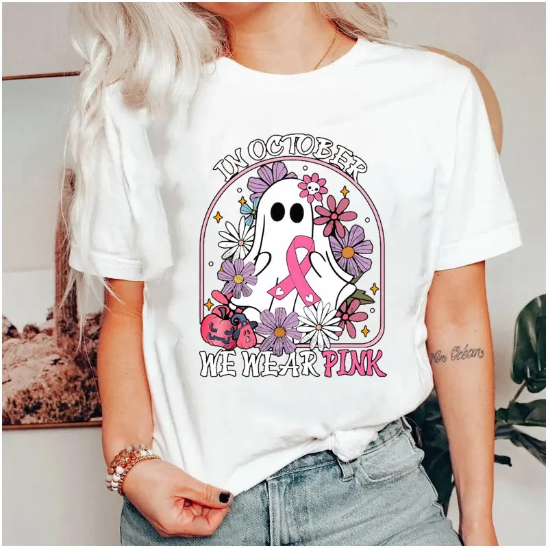 In October We Wear Pink Print Shirts Ghost Coquette Bow Retro Fall Pumpkin Bow Halloween Cute Pink Ghost Breast Cancer Awareness