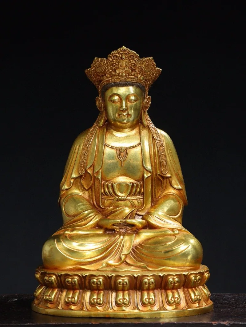 Large Pure Copper Gilded Vairocana Buddha Statue - Antique Tantric Deity Figure - Heavy Feng Shui Home Altar Ornament 13