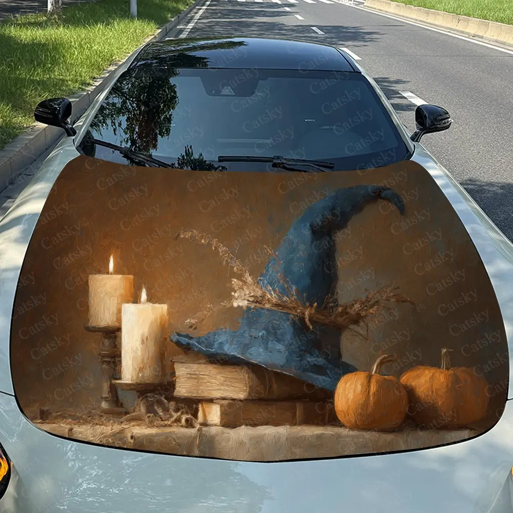 Car Decal Witch Hat with Multiple Candles and Pumpkins Artistic Fusion Design, Creating a and Festive Visual Car Hood Sticker, W