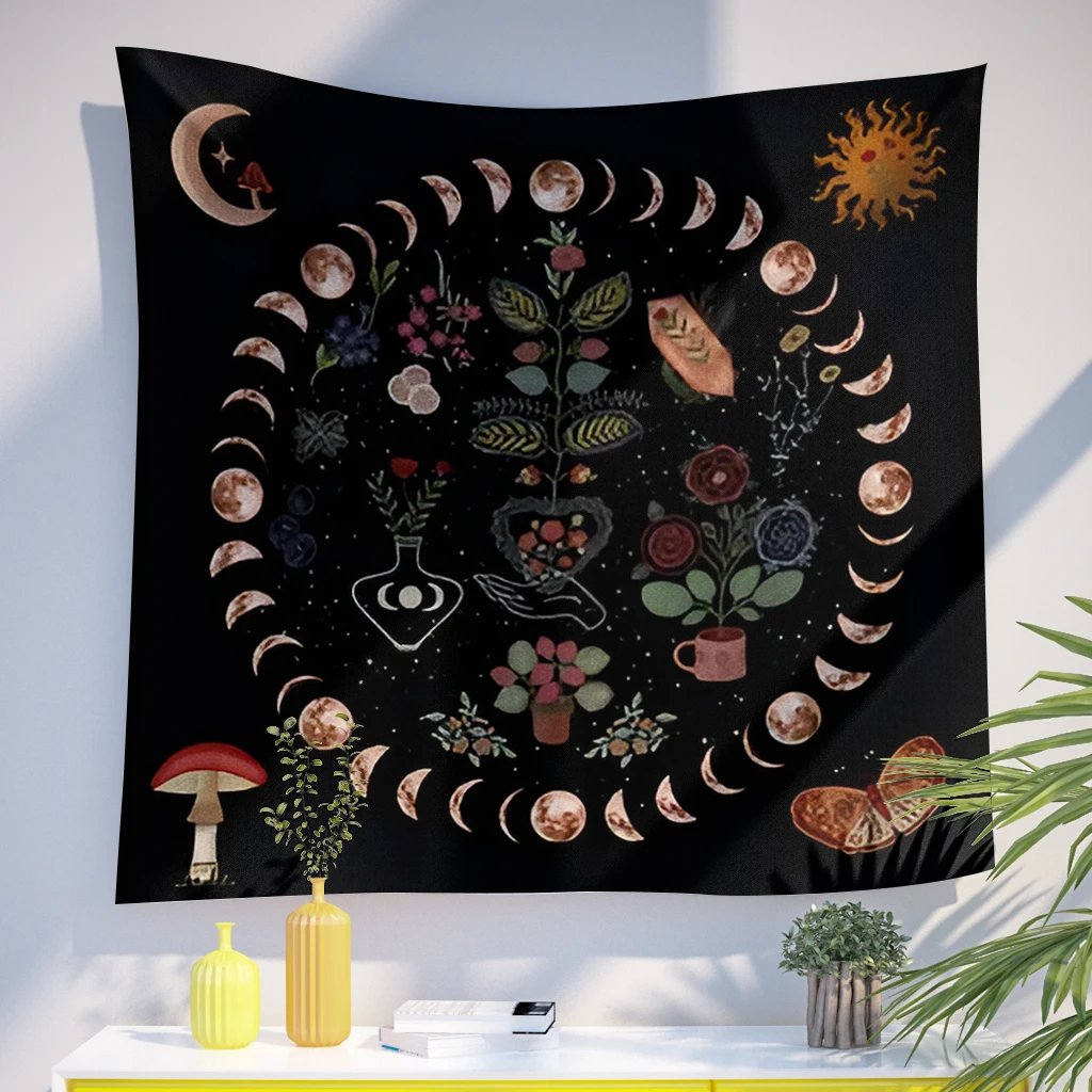 

Moon Phase Tapestry Printing Wall Hanging Botanical Celestial Floral Aesthetic Wall Bedroom Decor Starry Sky Background Cloth