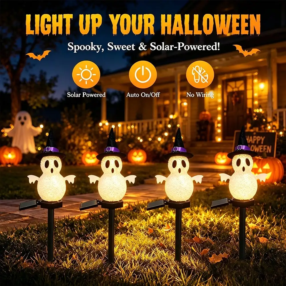 2/4pcs Halloween Ghost Solar Light, Outdoor IP44 Warm Light LED Decorative Lamp, With Witch Hat, Solar-Powered, Automatically Switches On/Off Without Wiring, Suitable For Gardens, Lawn Paths, Terraces, sr260806170486256405762