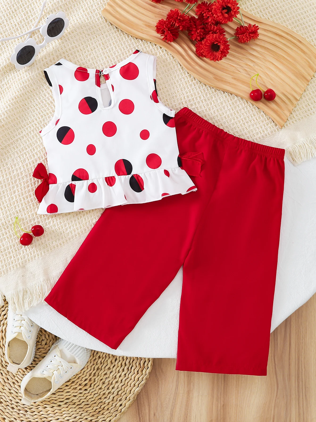2026 Summer Baby Girls 2-piece S Polka Dot Sleeveless Top &Wide Leg Pants Casual Daily Wear Life Party Kids 2-piece Outfit