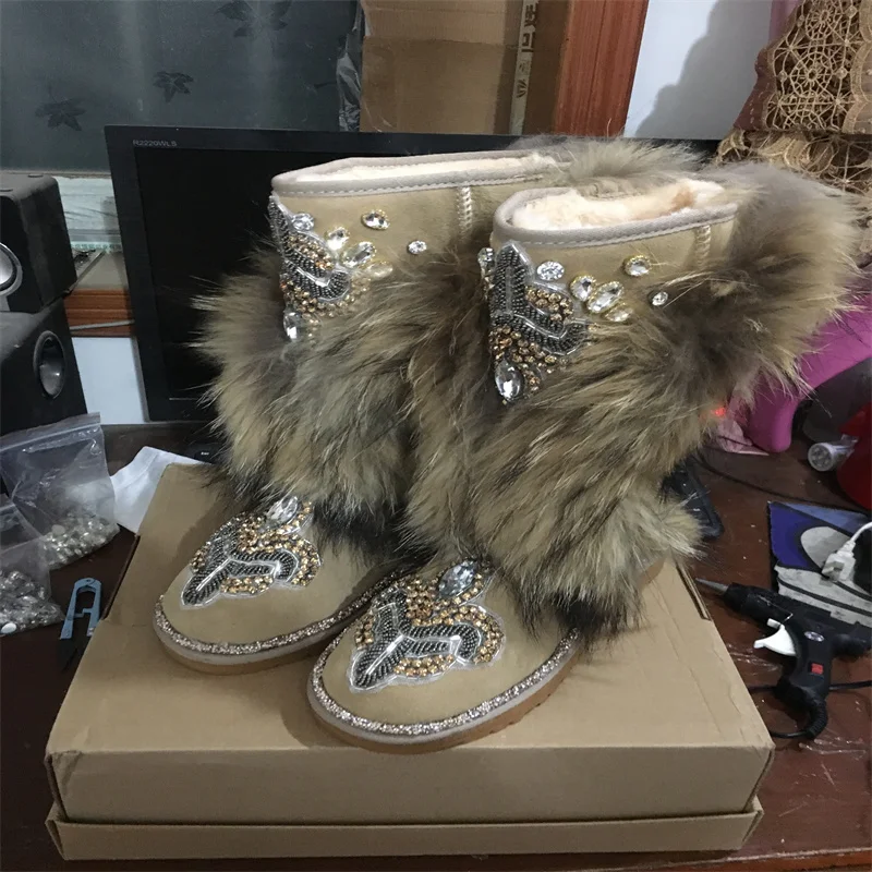 

Beaded rhindiamonds winter and cashmere warm fox hair boots vintage handmade custom fur one-piece boots women's plus size 35-44