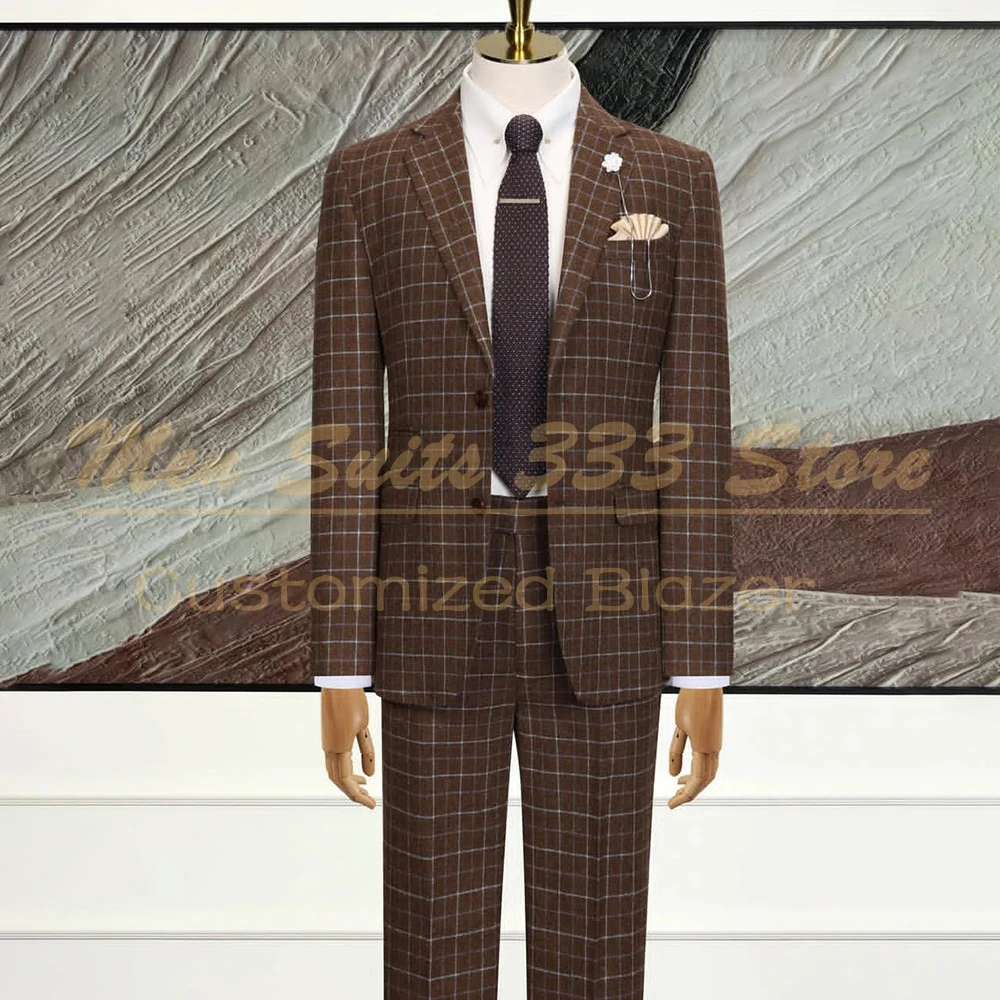 

Luxury Men's Suits Plaid Single Breasted Notch Lapel Slim Fit Blazer High Quality Evening 2 Piece Jacket Pants Full Sets Costume