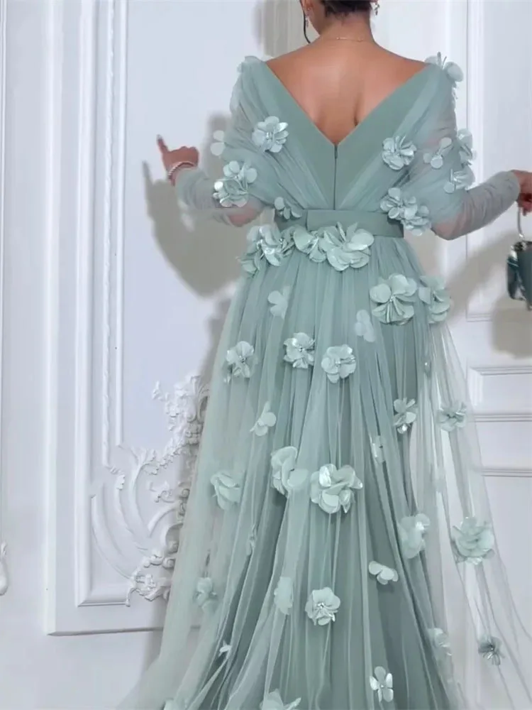 LAYXHS Luxuriöse formelle Abendkleider mit quadratischem Ausschnitt, Tüll, lange Ärmel, 3D-Blumen-Abschlussballkleider, individuell gestaltet