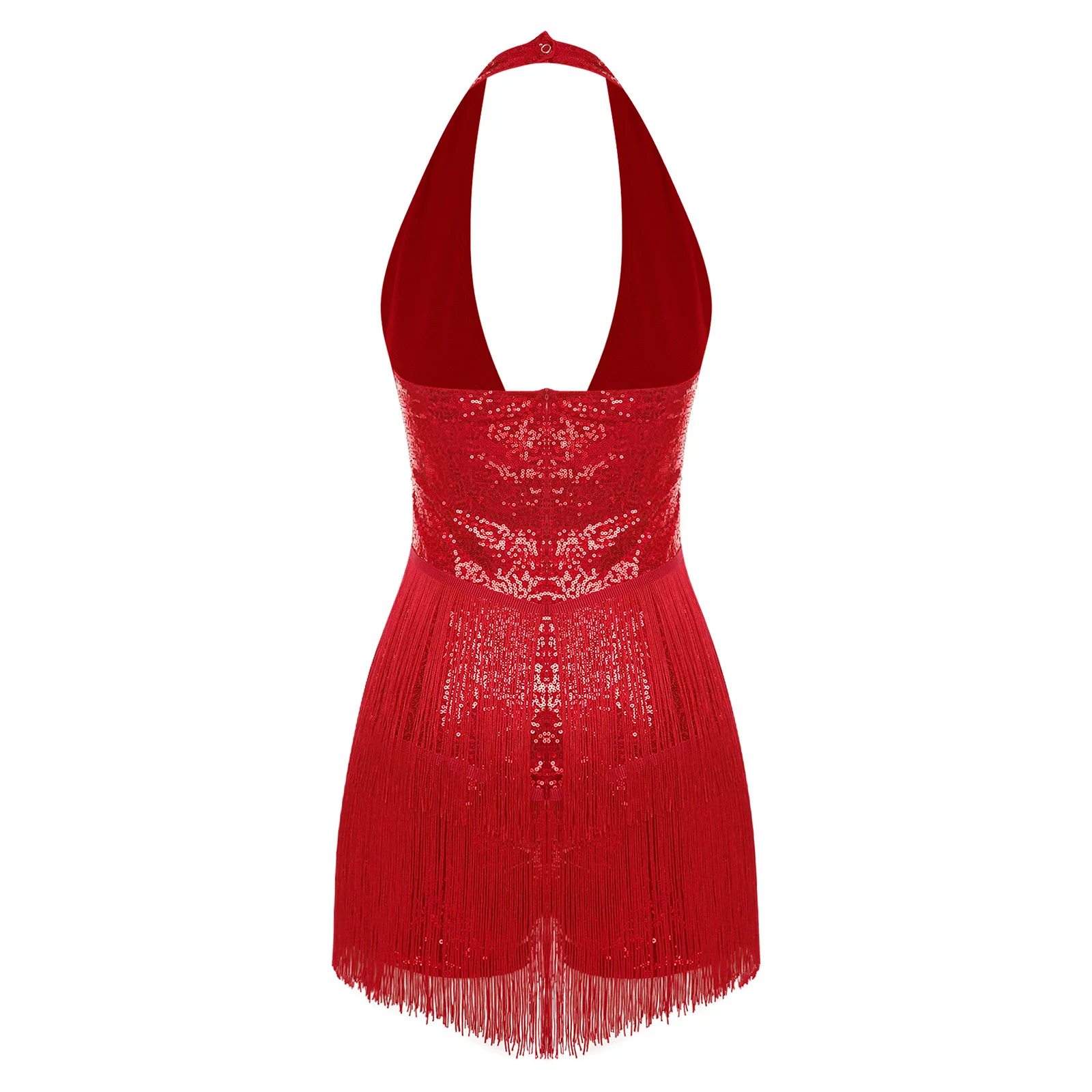 Womens Shiny Sequin Bodysuit Rompers Halter Plunging V Neck Backless Tiered Tassel Fringe Jumpsuit Playsuit Disco Dance Clubwear