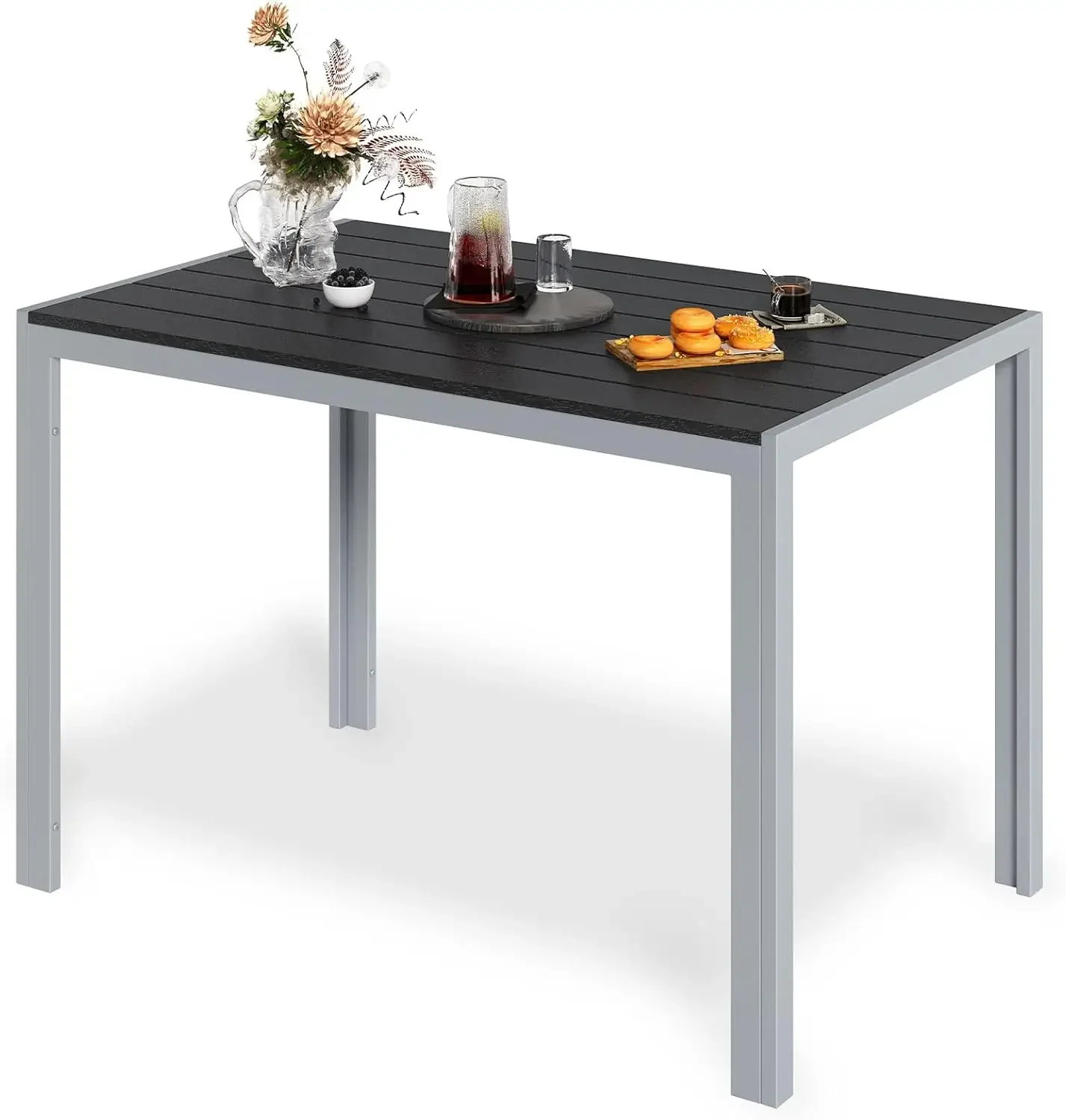 Outdoor eettafel 110x70x73cm terras aluminium metalen lattenbodem, grote rechthoekige zwarte tafel voor terras, achtertuin, gazon, tuin