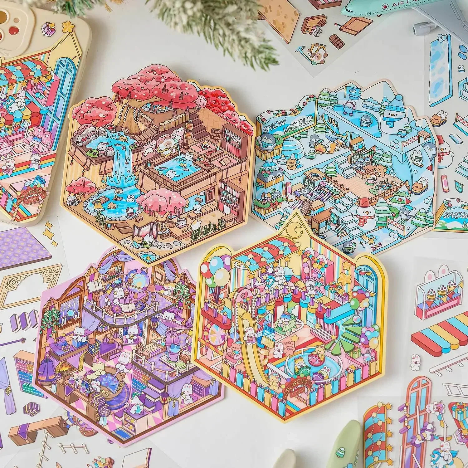 Pegatinas de paisajismo 3D de animales de conejo de dibujos animados, escena en miniatura DIY, escena de cabina, apilamiento, pegado, regalo de álbum de recortes para chico