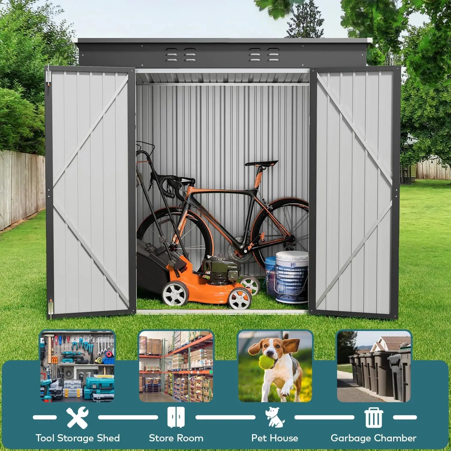 Metal Outdoor Storage Shed 6x4 FT Lockable Doors Garden Tool House, Customized - view 5