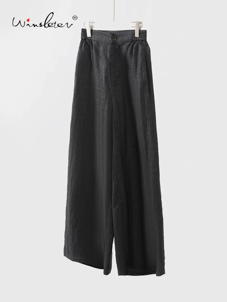 Winsleter-100% 리얼 실크 워터드 거즈 우아한 바지, 신축성 있는 허리 크라클레르, 여성 레트로 와이드 레그 팬츠, 2026 신제품 B5D709CC