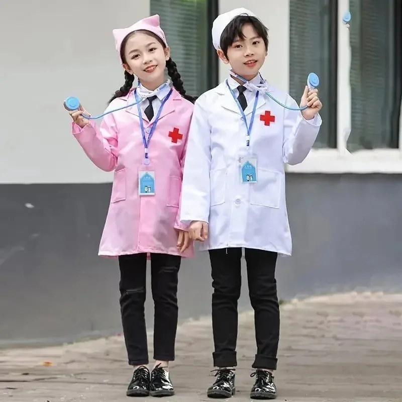 

Kids Doctor Nurse Cosplay Coat Girls Boys Doctor Role Play Soft White Pink Coat for Children Stage Performance Cosplay