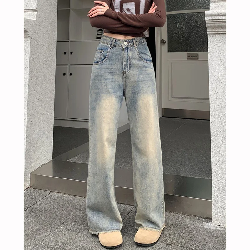 

Female Classic Retro Straight Leg Jeans Girls Solid Color Loose Thin Pants Women Korean Fashion High Waist Denim Trousers