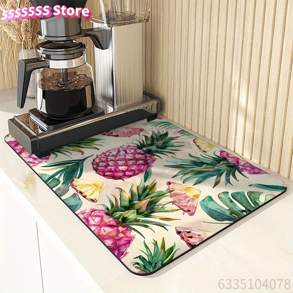 Tropical Pineapple & Foliage Design Dish Drying Mat Set - 1PCS, Absorbent Microfiber Kitchen Countertop Mat, Coffee & Tea Maker