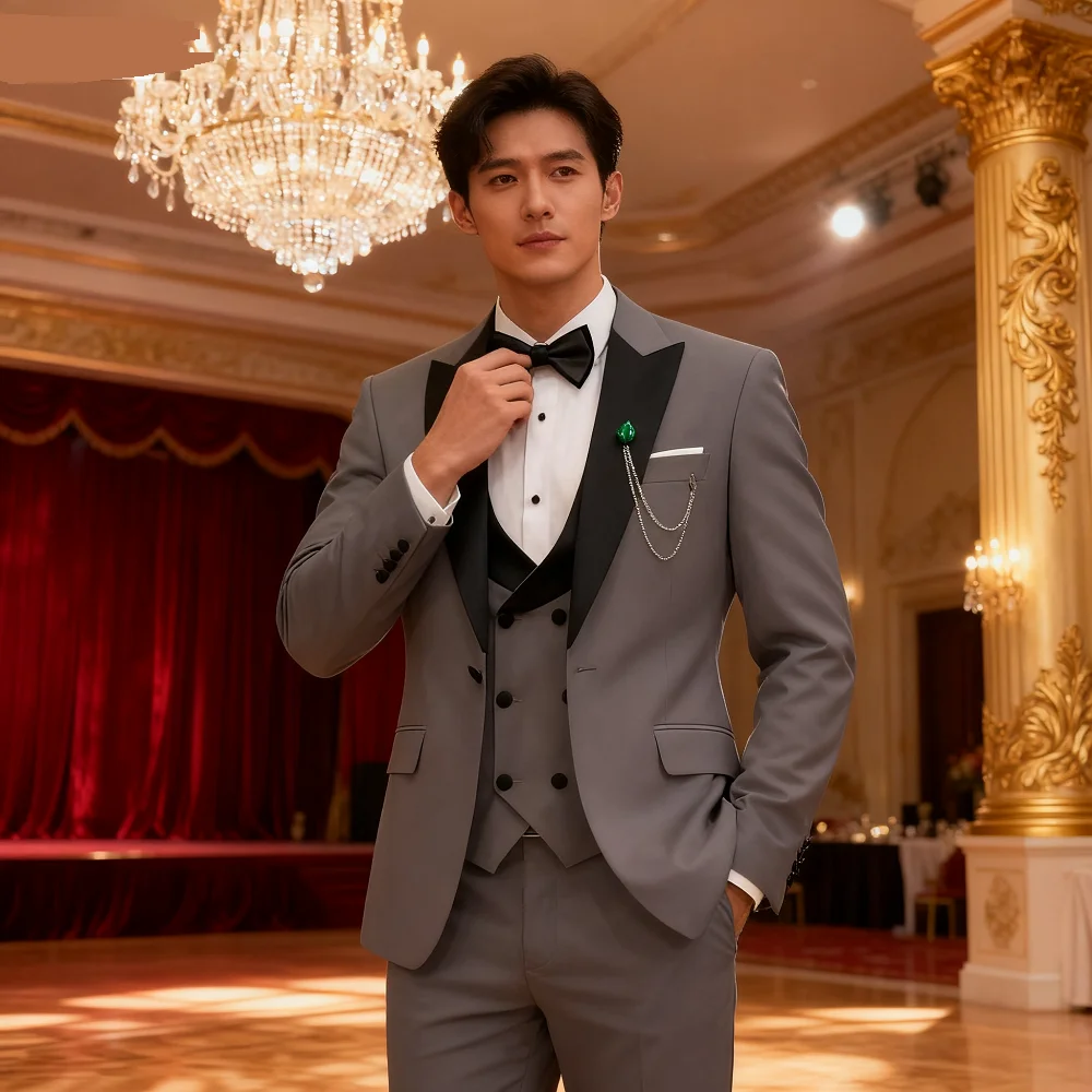 

Elegant Rose Red 3-Piece Men's Suit Slim Fit Double Breasted Blazer Vest And Pants Set for Wedding Groom Tuxedo Business Party