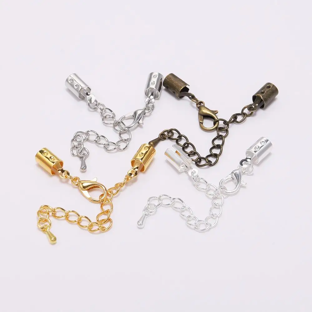 10pcs/lot Crimp End Caps Beads Lobster Clasps Extended Chains Fit 5mm Round Leather Cord Necklace Connectors For Jewelry Makings