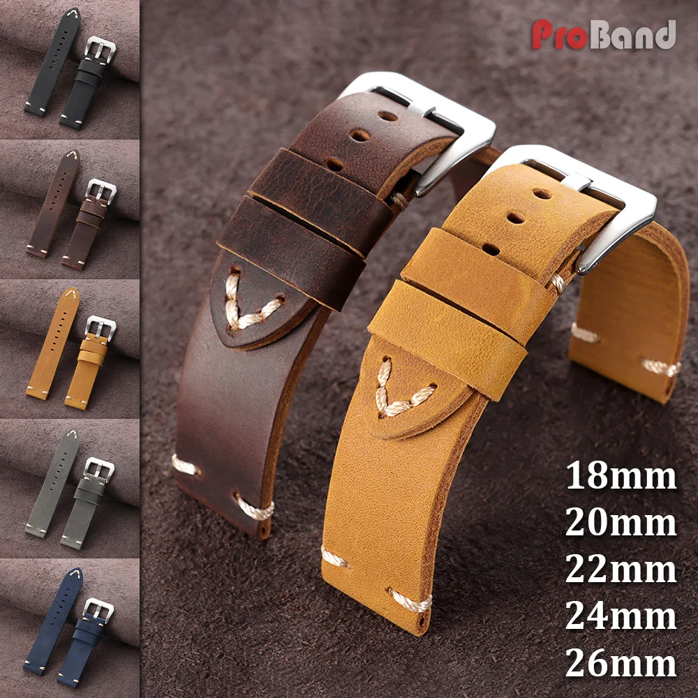 Image of 18/20/22/24/26mm Vintage Rindsleder-Uhrenarmband Handgefertigte Genähte Leder-Uhrenarmbänder für Panerai für Seiko Smartwatch Armband