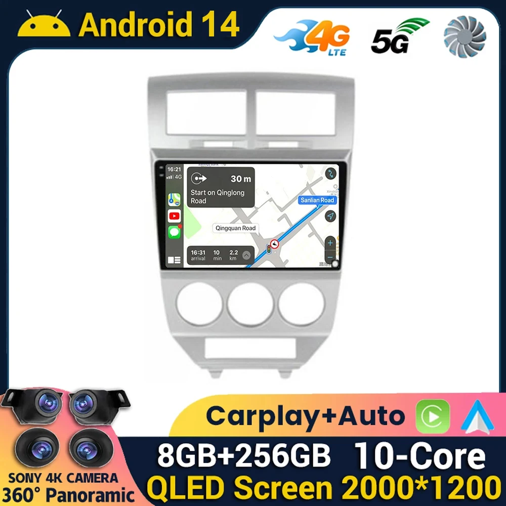 Android 14 Carplay Auto Car Radio For Dodge Caliber Jeep Compass 1 MK Patriot 2006-2010 Multimedia Player GPS WIFI+4G 360 Camera